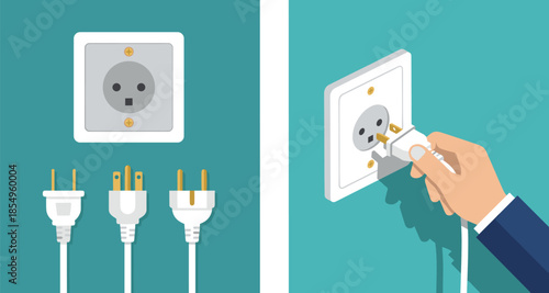Electrical outlet illustration showing multiple plug types and a hand connecting a power cord, representing electricity usage, safety, compatibility, and global power standards