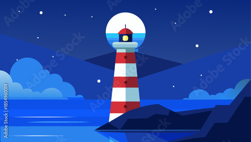 Nighttime lighthouse by the sea