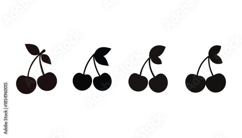 A row of four black cherry silhouettes on a white background with leaves and stems