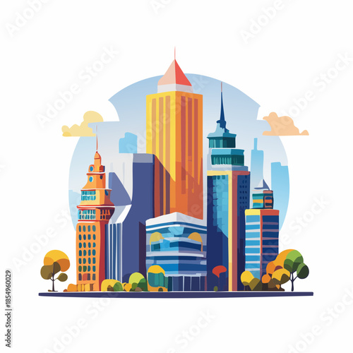 Colorful cartoon cityscape illustration with various buildings and trees against a blue and white sky.