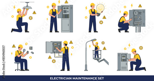 electrician maintenance set showing various repair tasks, wiring inspection, lighting installation, circuit breaker repair, professional electrical service, safety equipment, energy system