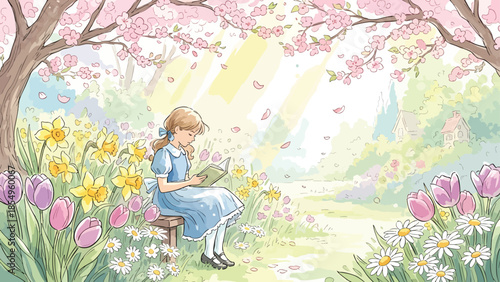 Little girl reading a book under a blooming cherry blossom tree in a spring garden