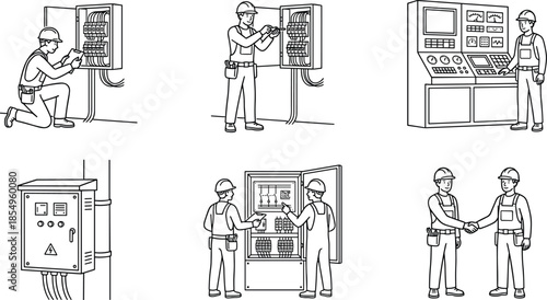 electricians inspecting control panels and wiring systems, technical engineers performing electrical maintenance tasks, industrial power system monitoring, safety procedures, teamwork and professional