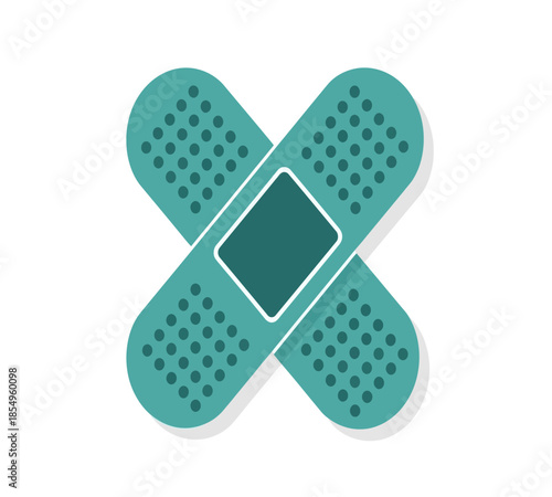 Two teal adhesive bandages crossed creating an x shape with a dark center
