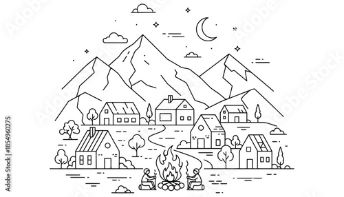 A serene mountain village under a crescent moon with houses and majestic peaks