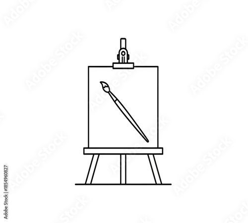 Simple line drawing of an artist s easel with a paintbrush and lamp above