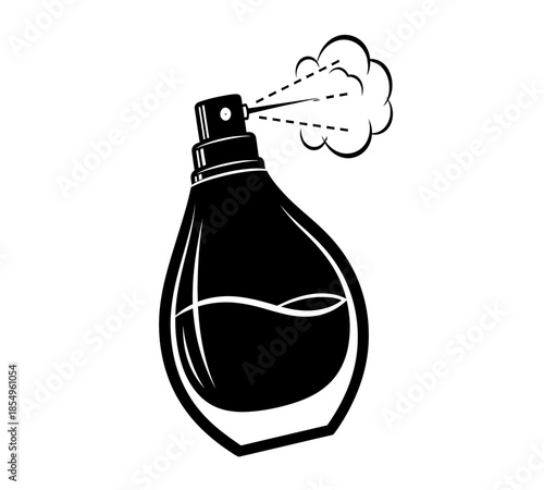A simple black and white illustration of a perfume bottle spraying a cloud of mist