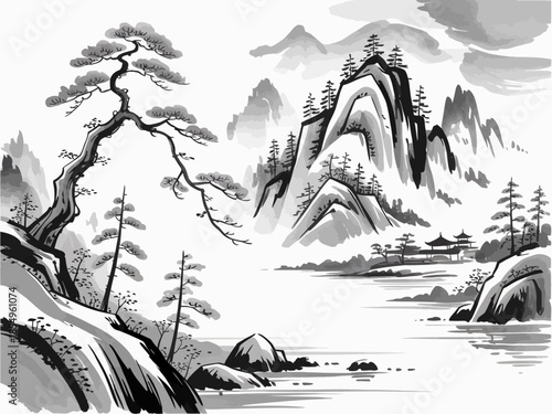 Traditional Chinese ink wash painting of a mountainous landscape. Hand drawn watercolor illustration in oriental style, misty peaks and valleys for zen nature background.