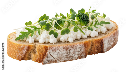 Rustic bread slice topped with cottage cheese, arugula, microgreens, and broccoli floret. Isolated on transparent background.
