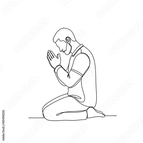 Man kneeling in prayer with hands clasped in a simple line drawing