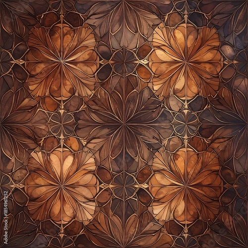 Ornamental floral pattern of brown and gold hues. Radial symmetry within the tessellated shapes create a rich tapestry