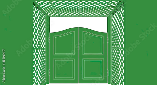 Green saloon doors framed by lattice, garden entrance concept