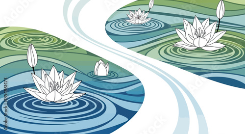 Serene Water Lilies Floating on Rippling Pond with Green and Blue Hues