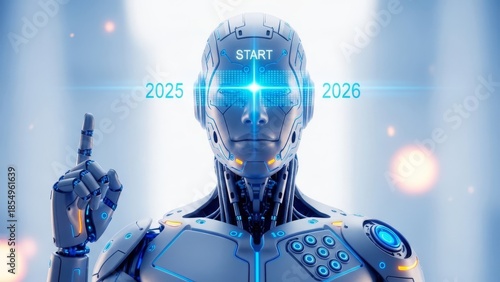 Futuristic robot pointing finger with 2025 and 2026 display