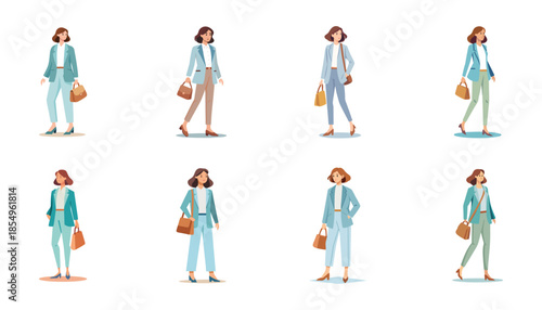 Fashion illustration of women in business attire with handbags