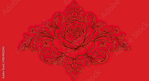Red Rose Floral Ornament with Swirls on Red Background