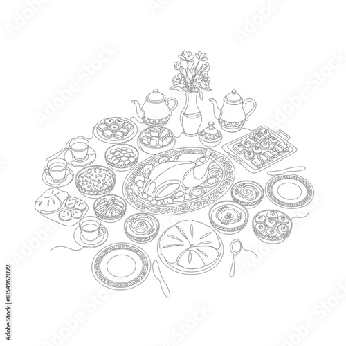 Intricate line drawing of a lavish tea party spread