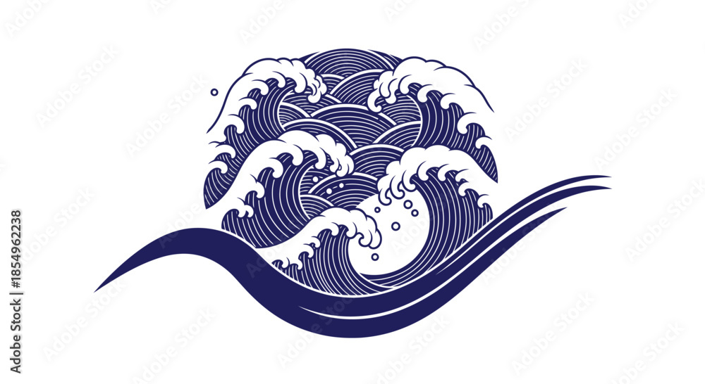 Fototapeta premium Stylized Blue Ocean Waves Graphic, Japanese Style