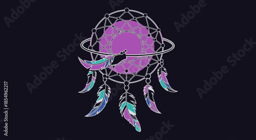Dream Catcher with Purple Gem and Feathers on Dark Background
