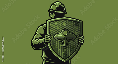 Construction worker holding shield with hexagonal pattern and emblem, safety concept