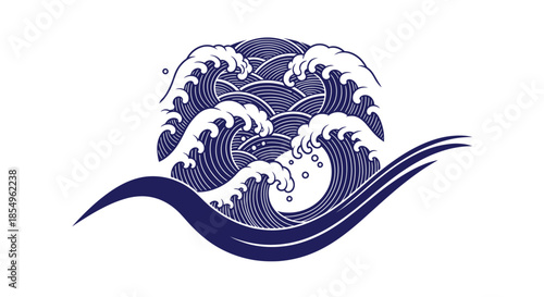 Stylized Blue Ocean Waves Graphic, Japanese Style