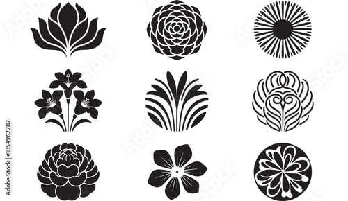 A collection of black and white floral illustrations displayed on a plain white background