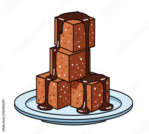 Stacked brownie squares with chocolate drizzle presented on a simple light blue plate