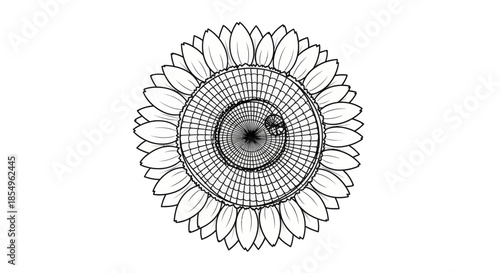 Detailed linear drawing of a sunflower head against a white background