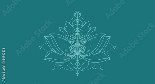 Geometric Lotus Flower Outline on Teal Background, Sacred Geometry Design