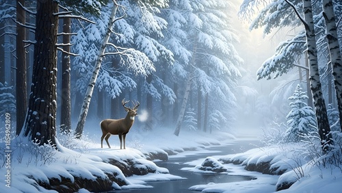Majestic stag standing in a beautiful snowy winter forest landscape