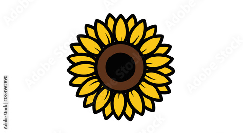 Stylized Sunflower Illustration with Yellow Petals and Dark Center on White Background