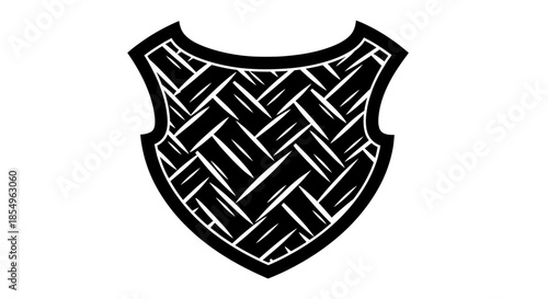 Black shield emblem with woven pattern, heraldic symbol, vector graphic