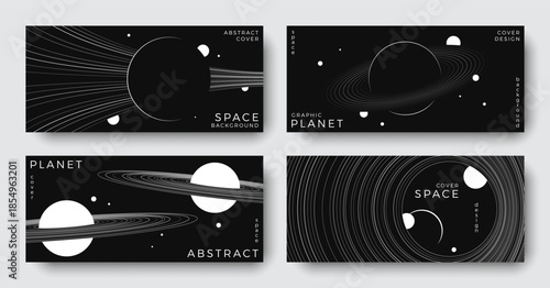 Set of abstract space astronomy horizontal backgrounds. Linear simple planet, black hole. Black and white science future concept. Minimalist design for cover, poster, banner, flyer, brochure, ads