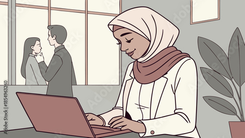 Woman in hijab working on laptop in office isolated on Transparent Background