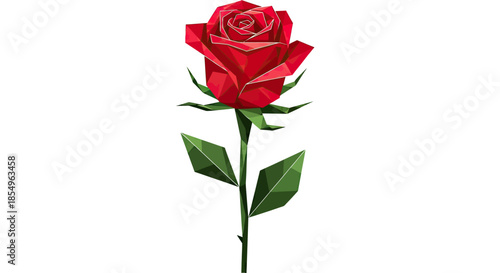 Geometric Red Rose Illustration, Low Poly Style, Isolated on White Background