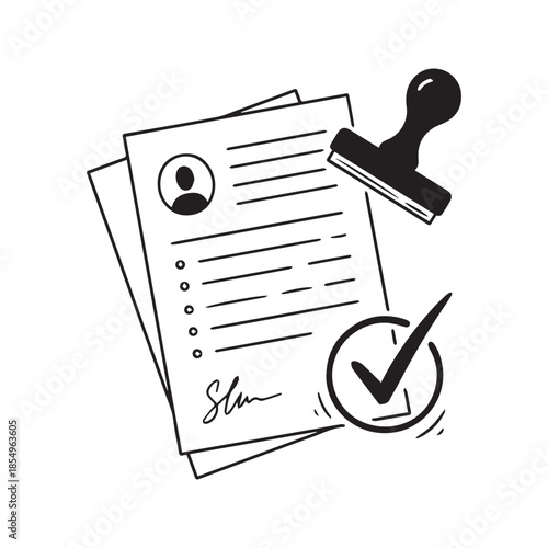 Hand drawn approved document doodle with rubber stamp and check mark
