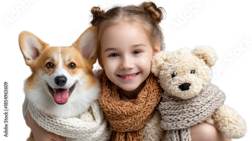 Warm Embrace of Friendship: A cheerful young girl radiates happiness as she cuddles her loyal canine companion and a cherished teddy bear, sharing a moment of pure, innocent joy.