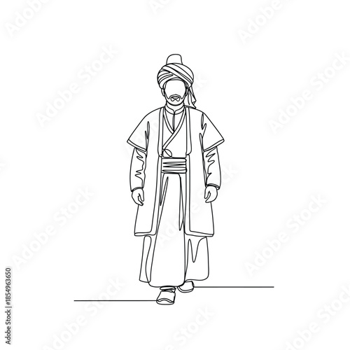 Line drawing of a man in traditional middle eastern clothing
