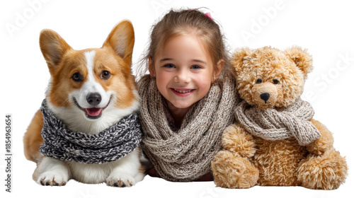 Warm Hugs with Friends: A smiling young girl embraces a furry corgi dog and a cuddly teddy bear, all wrapped in cozy scarves, creating a heartwarming scene of friendship and comfort. 