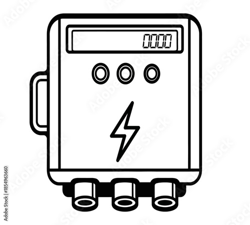 Simple black and white illustration of an electrical box with a lightning bolt symbol