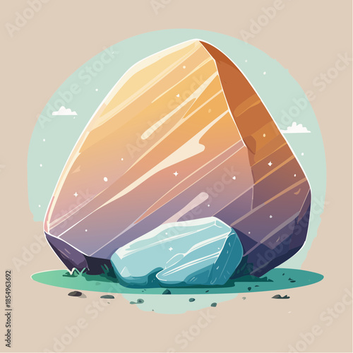 Illustration of a large rock formation with a smaller rock in front of it.