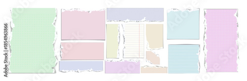 Torn pastel paper note pieces set with grid and lined textures isolated on white background