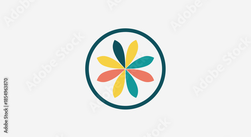 Colorful abstract flower logo in circle, bright geometric design, modern emblem