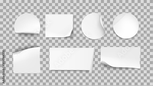 White paper sticker shapes with soft drop shadows and curled edges isolated on transparent background