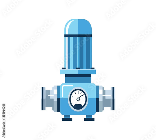 A blue industrial water pump with a pressure gauge depicted in a flat vector style
