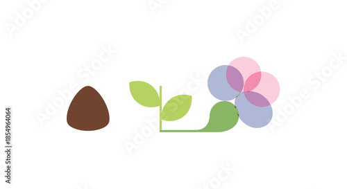 Seed sprouting into a stylized flower with overlapping petals, illustration