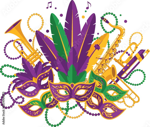 Mardi Gras Mask and Jazz Instrument Festive Vector Art