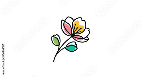 Minimalist Flower Line Art with Colorful Petals and Leaves