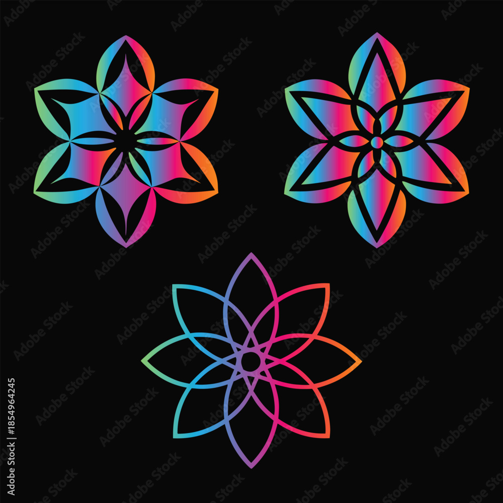 Obraz premium Three stylized floral patterns with rainbow gradient