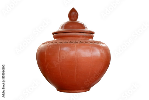 Traditional Thai clay pots with lids, handmade terracotta pottery isolated on white background.